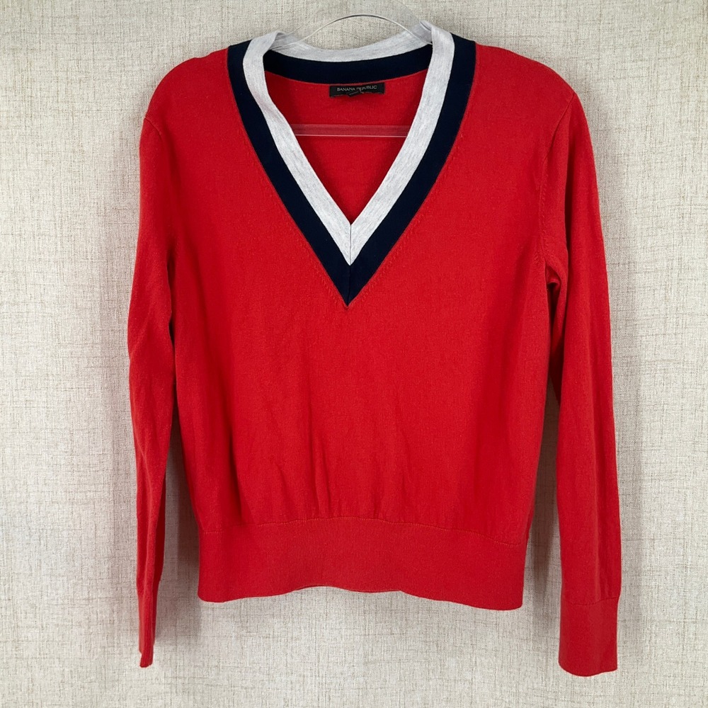 Banana Republic Womens Red Varsity V-Neck Cotton Sweater Sz M Tennis Academia